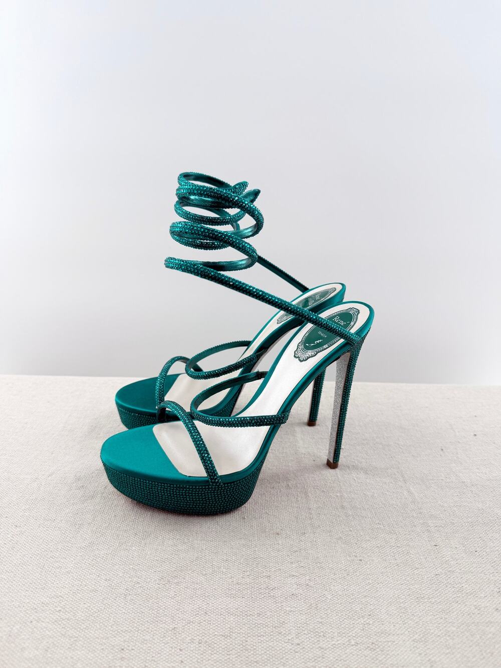 NWOT Rene Caovilla Satin Crystal Embellished Ankle Strap Platform Heel Blue 40